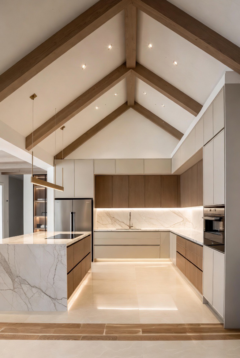 Cathedral ceiling island kitchen — South Delhi, Re:Room
