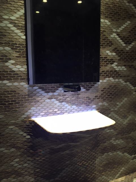 Bathroom 4 — Grey limestone feature wall with wall-hung WC and backlit mirror — Maharani Bagh Residence